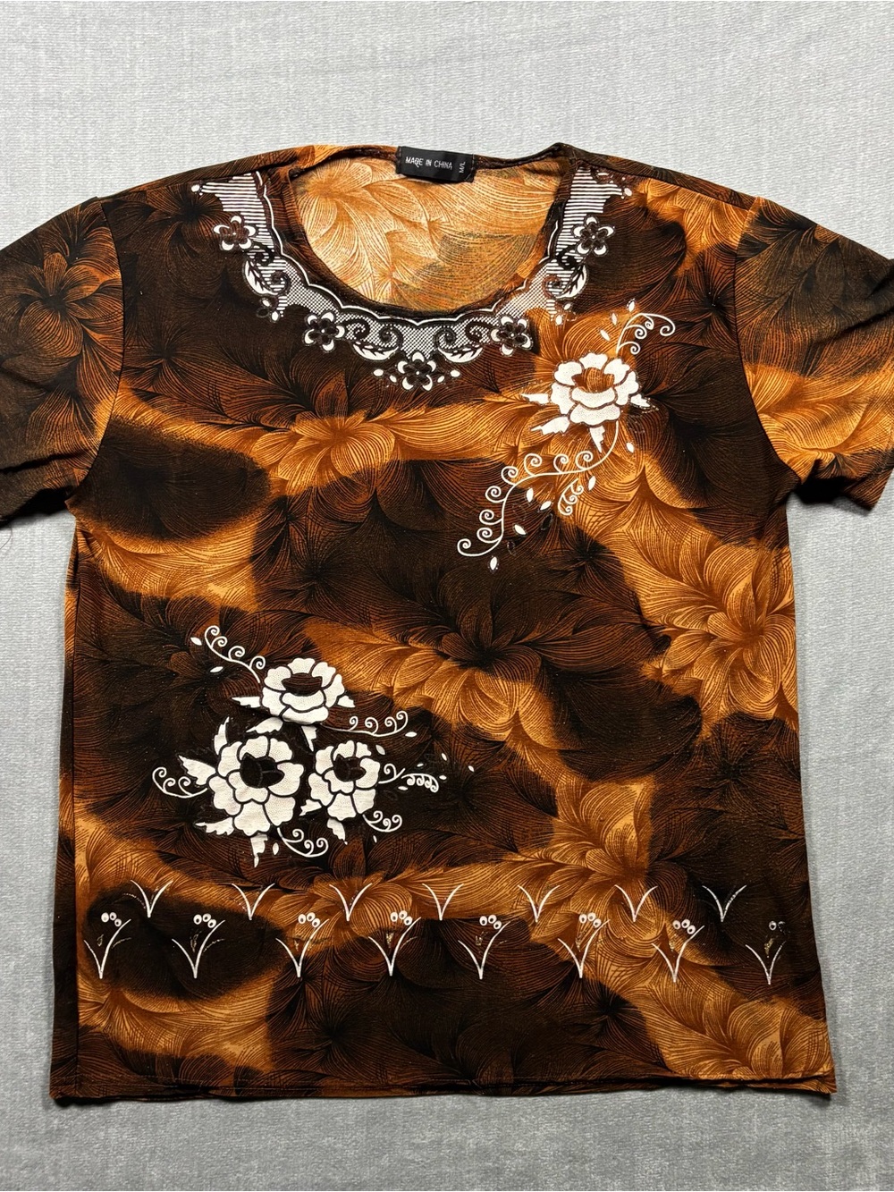 Brown Floral Boho Cottagecore Short Sleeve Blouse Vintage Inspired Medium